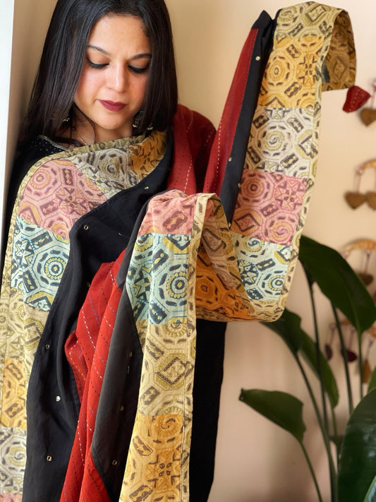 Ajrakh Patchwork Cotton Dupatta with Kantha Stitch & Mirror Work - Masakalee