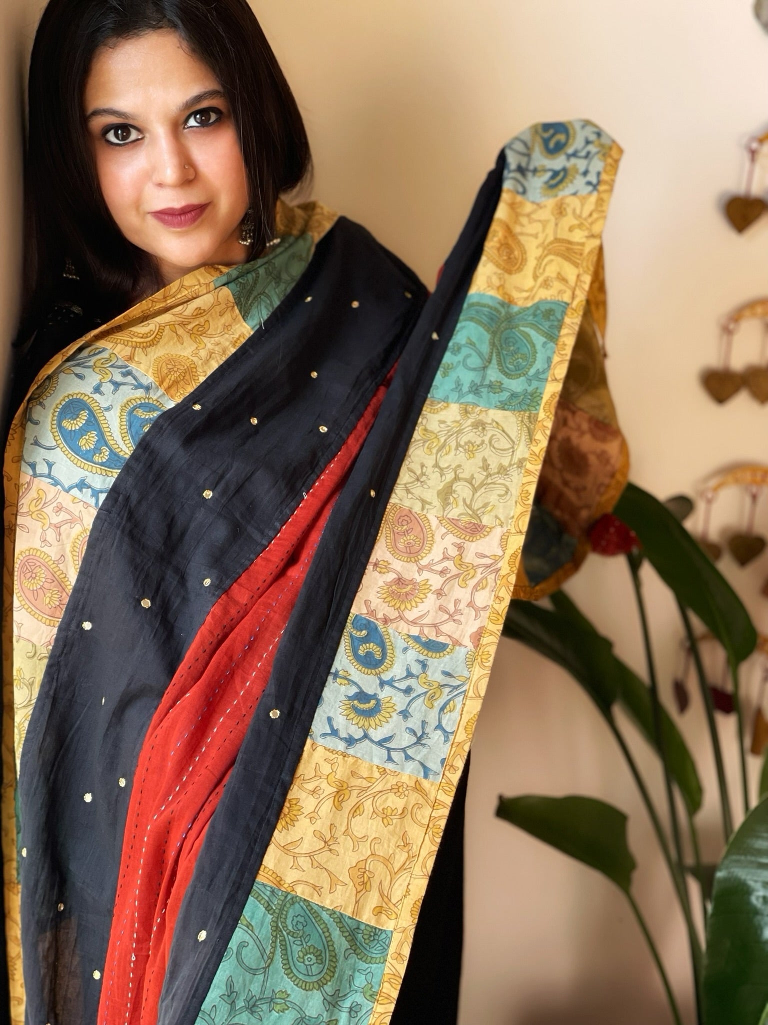 Ajrakh Patchwork Cotton Dupatta with Kantha Stitch & Mirror Work - Masakalee