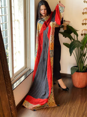 Ajrakh Patchwork Cotton Dupatta with Kantha Stitch & Mirror Work - Masakalee