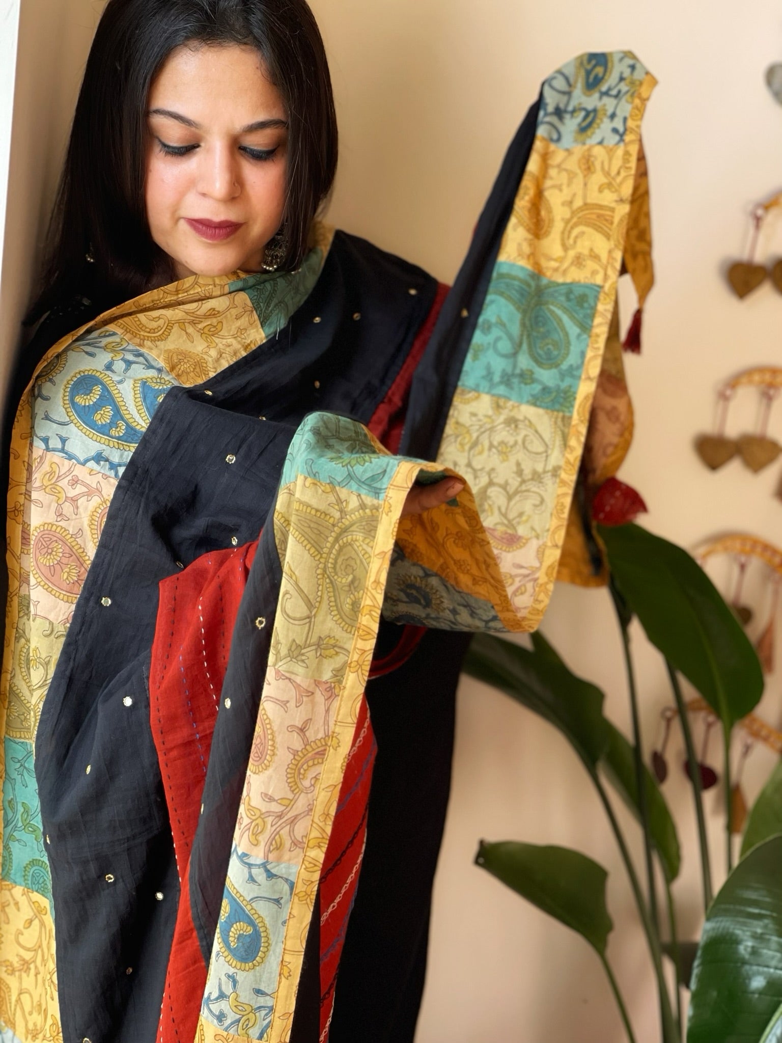 Ajrakh Patchwork Cotton Dupatta with Kantha Stitch & Mirror Work - Masakalee