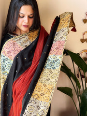 Ajrakh Patchwork Cotton Dupatta with Kantha Stitch & Mirror Work - Masakalee