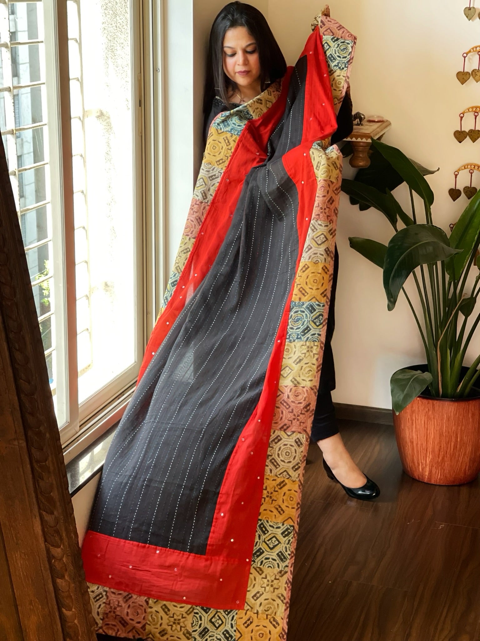 Ajrakh Patchwork Cotton Dupatta with Kantha Stitch & Mirror Work - Masakalee