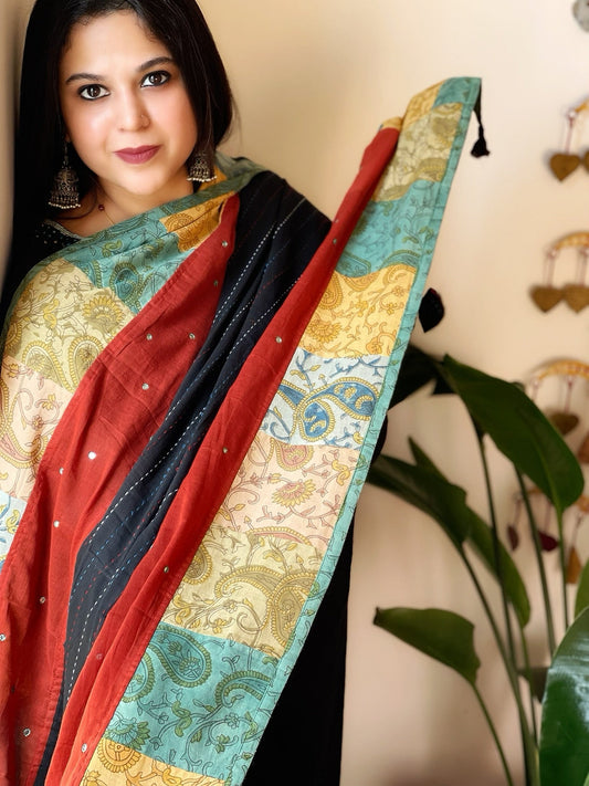 Ajrakh Patchwork Cotton Dupatta with Kantha Stitch & Mirror Work - Masakalee