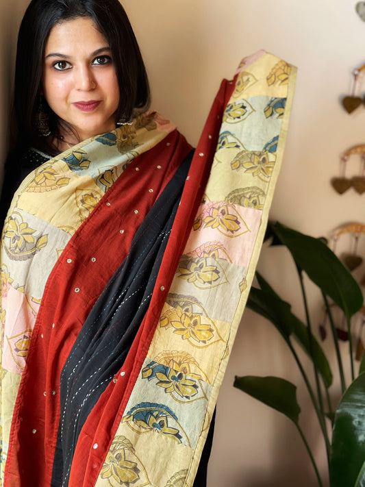 Ajrakh Patchwork Cotton Dupatta with Kantha Stitch & Mirror Work - Masakalee