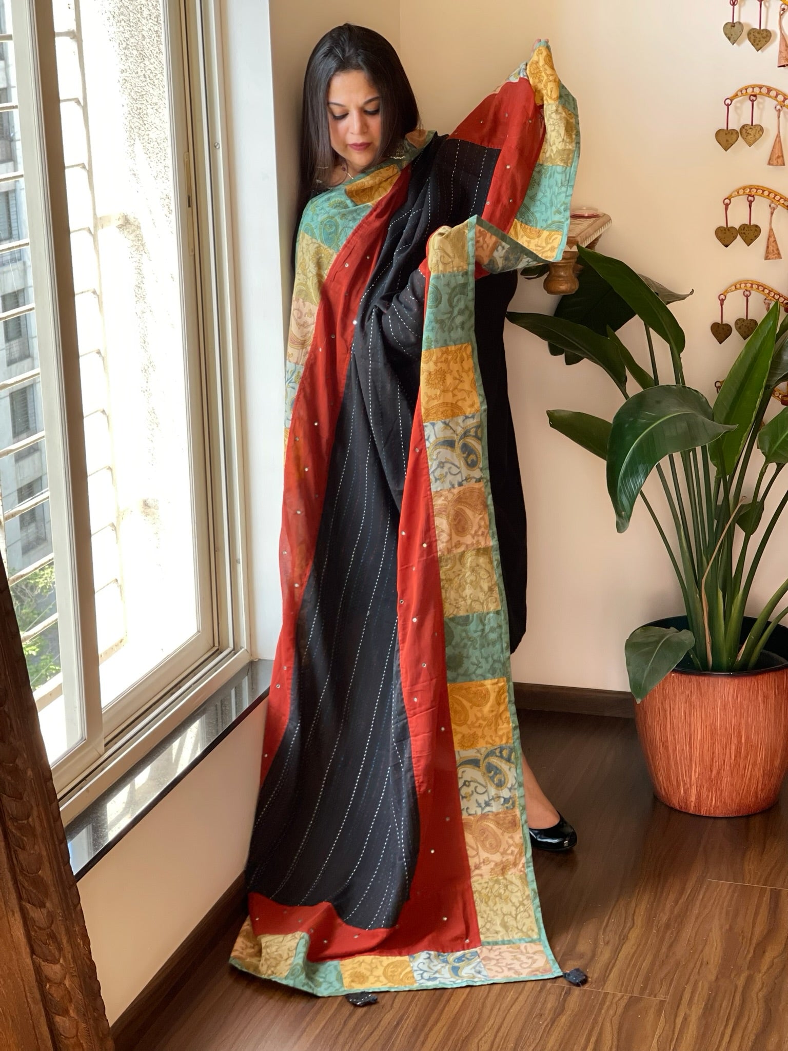 Ajrakh Patchwork Cotton Dupatta with Kantha Stitch & Mirror Work - Masakalee