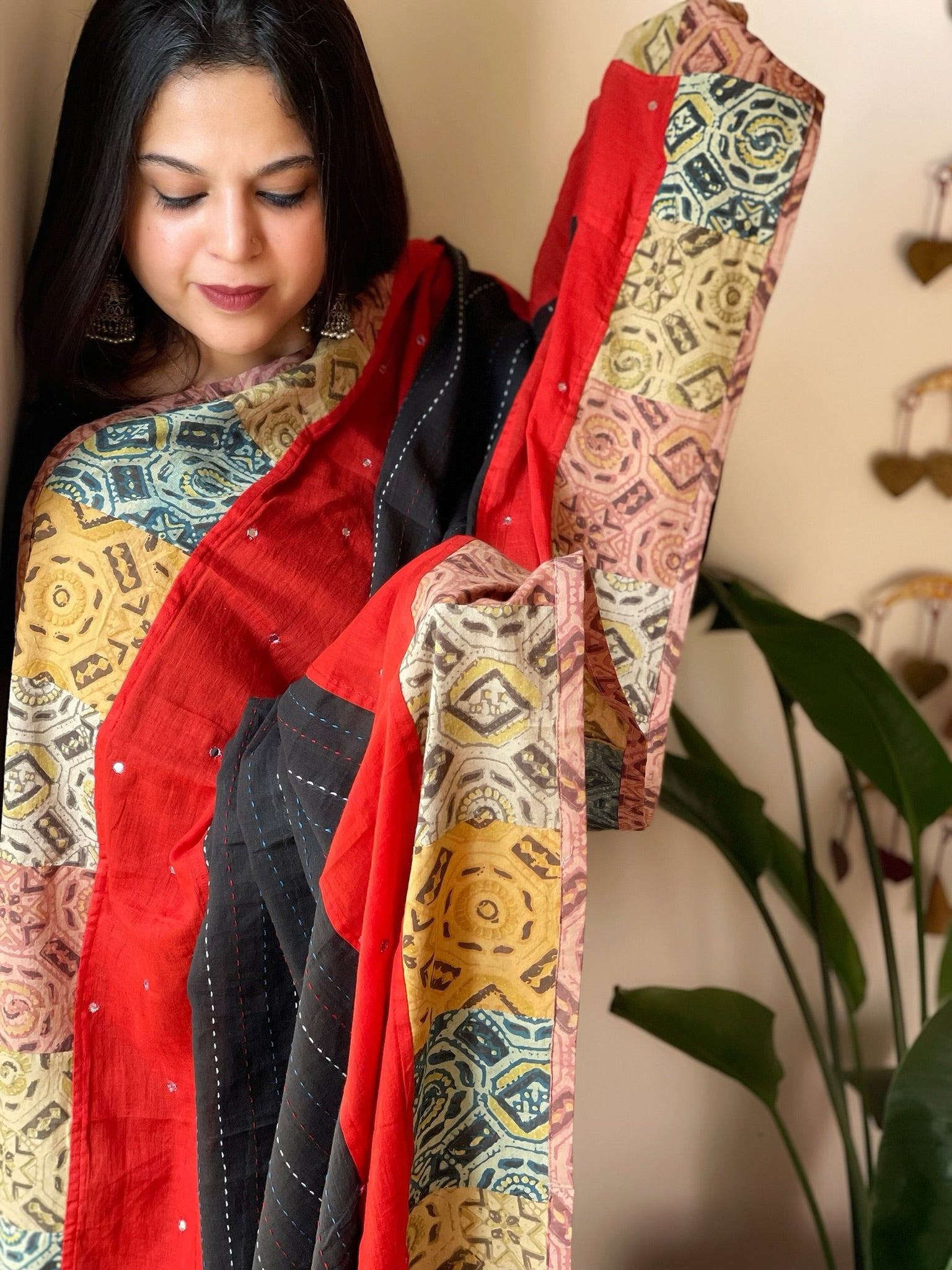 Ajrakh Patchwork Cotton Dupatta with Kantha Stitch & Mirror Work - Masakalee