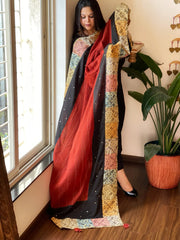 Ajrakh Patchwork Cotton Dupatta with Kantha Stitch & Mirror Work - Masakalee