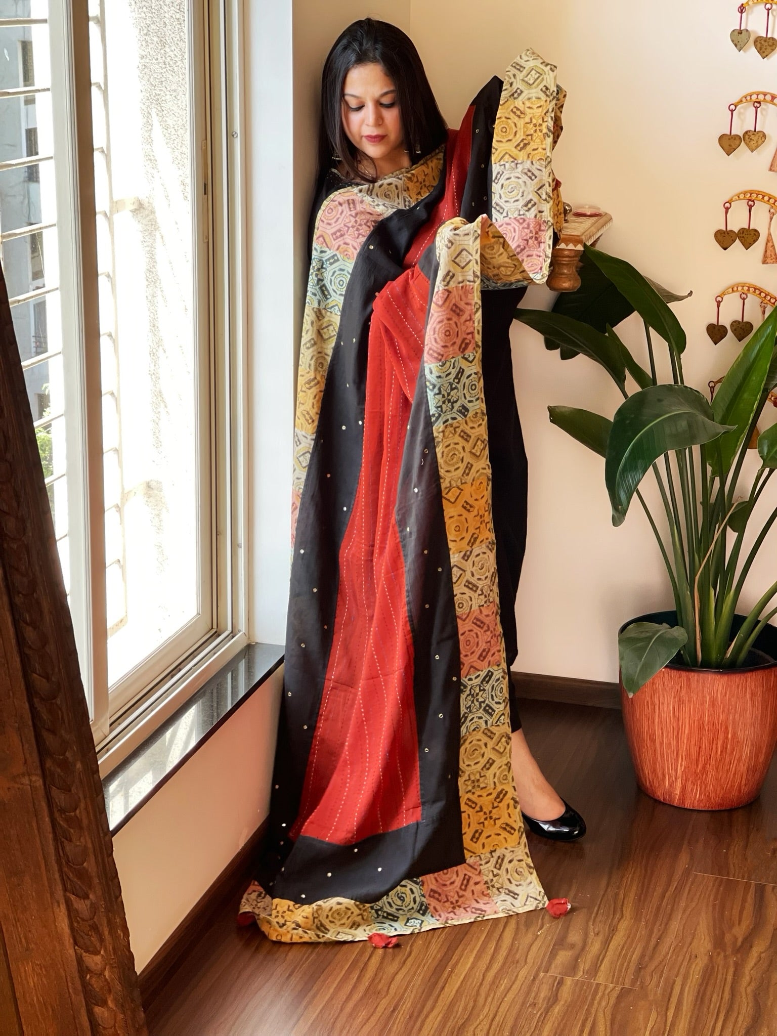 Ajrakh Patchwork Cotton Dupatta with Kantha Stitch & Mirror Work - Masakalee