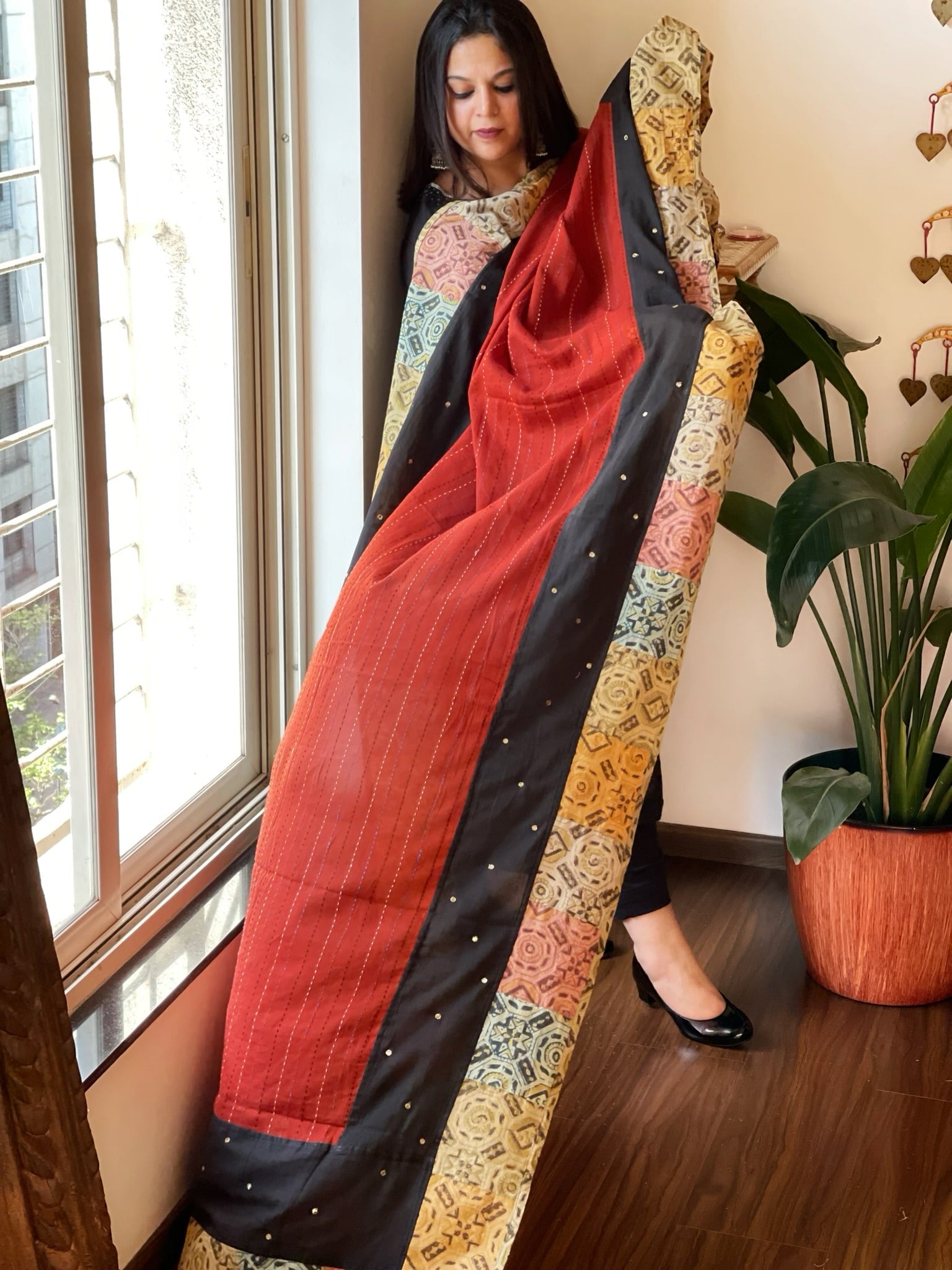 Ajrakh Patchwork Cotton Dupatta with Kantha Stitch & Mirror Work - Masakalee