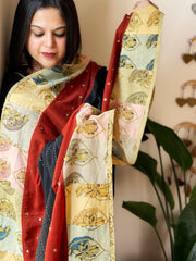 Ajrakh Patchwork Cotton Dupatta with Kantha Stitch & Mirror Work - Masakalee