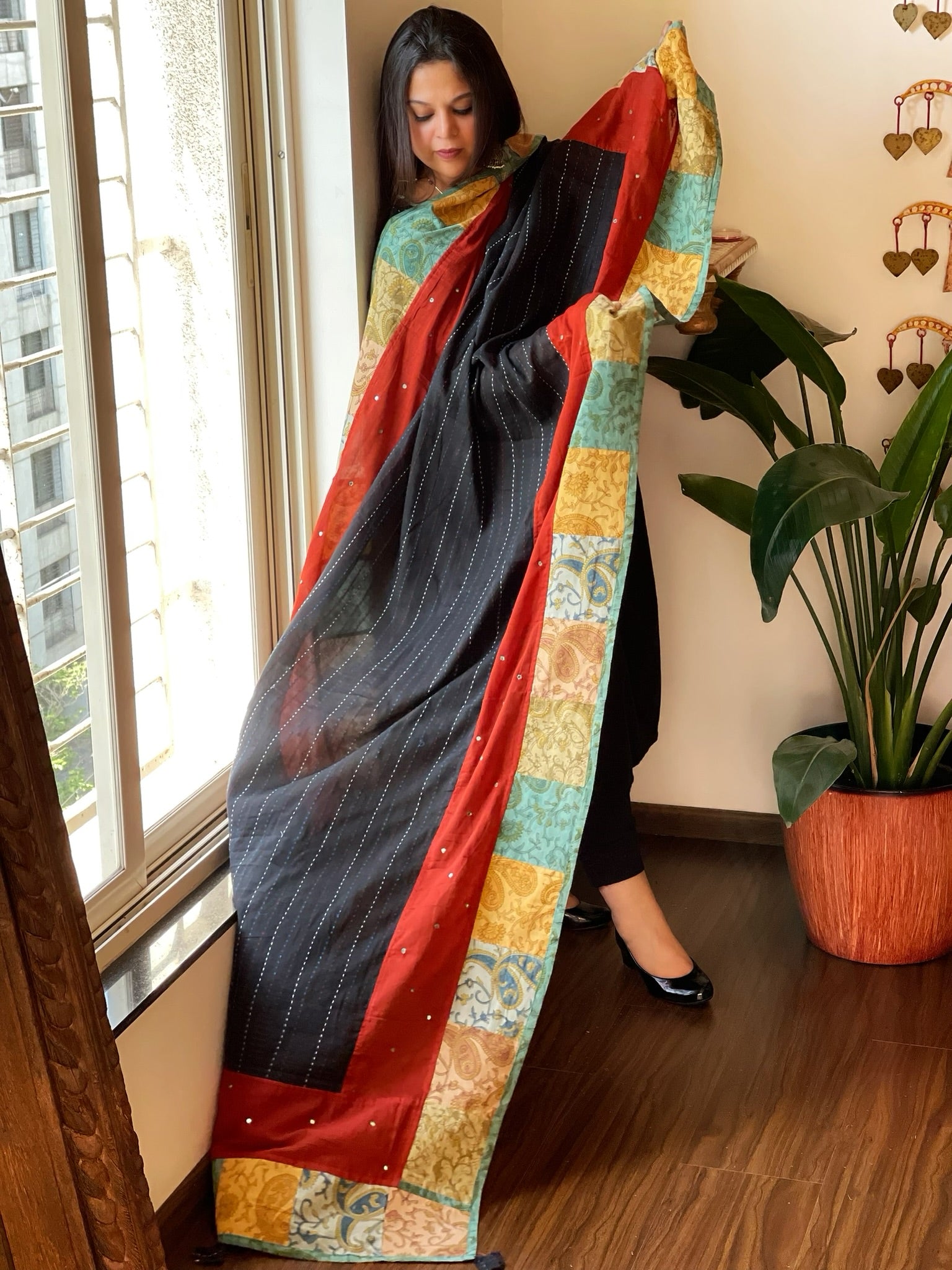 Ajrakh Patchwork Cotton Dupatta with Kantha Stitch & Mirror Work - Masakalee