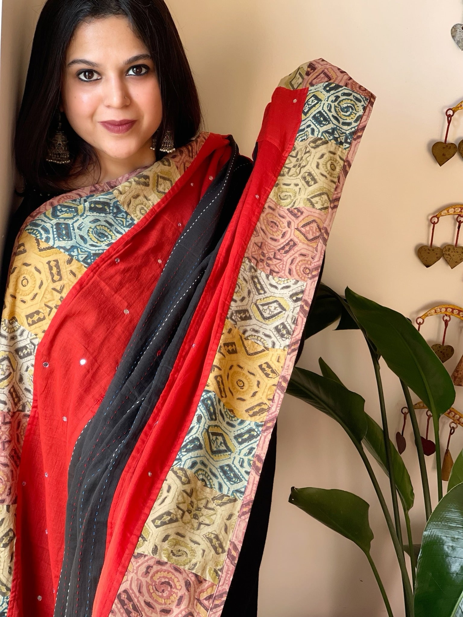 Ajrakh Patchwork Cotton Dupatta with Kantha Stitch & Mirror Work - Masakalee