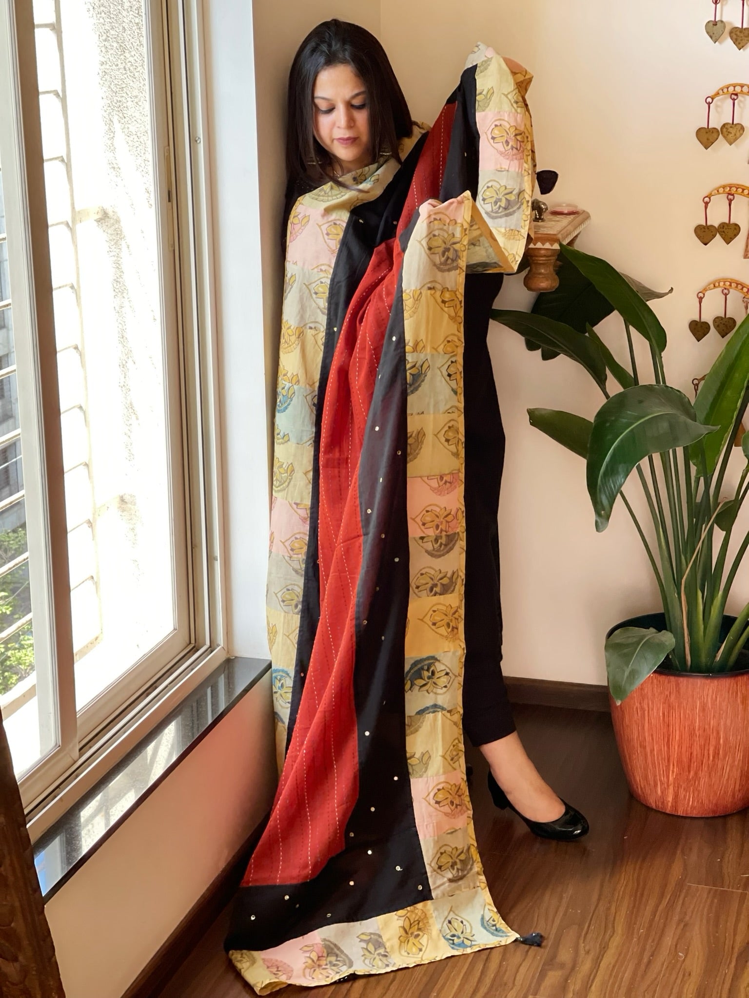 Ajrakh Patchwork Cotton Dupatta with Kantha Stitch & Mirror Work - Masakalee