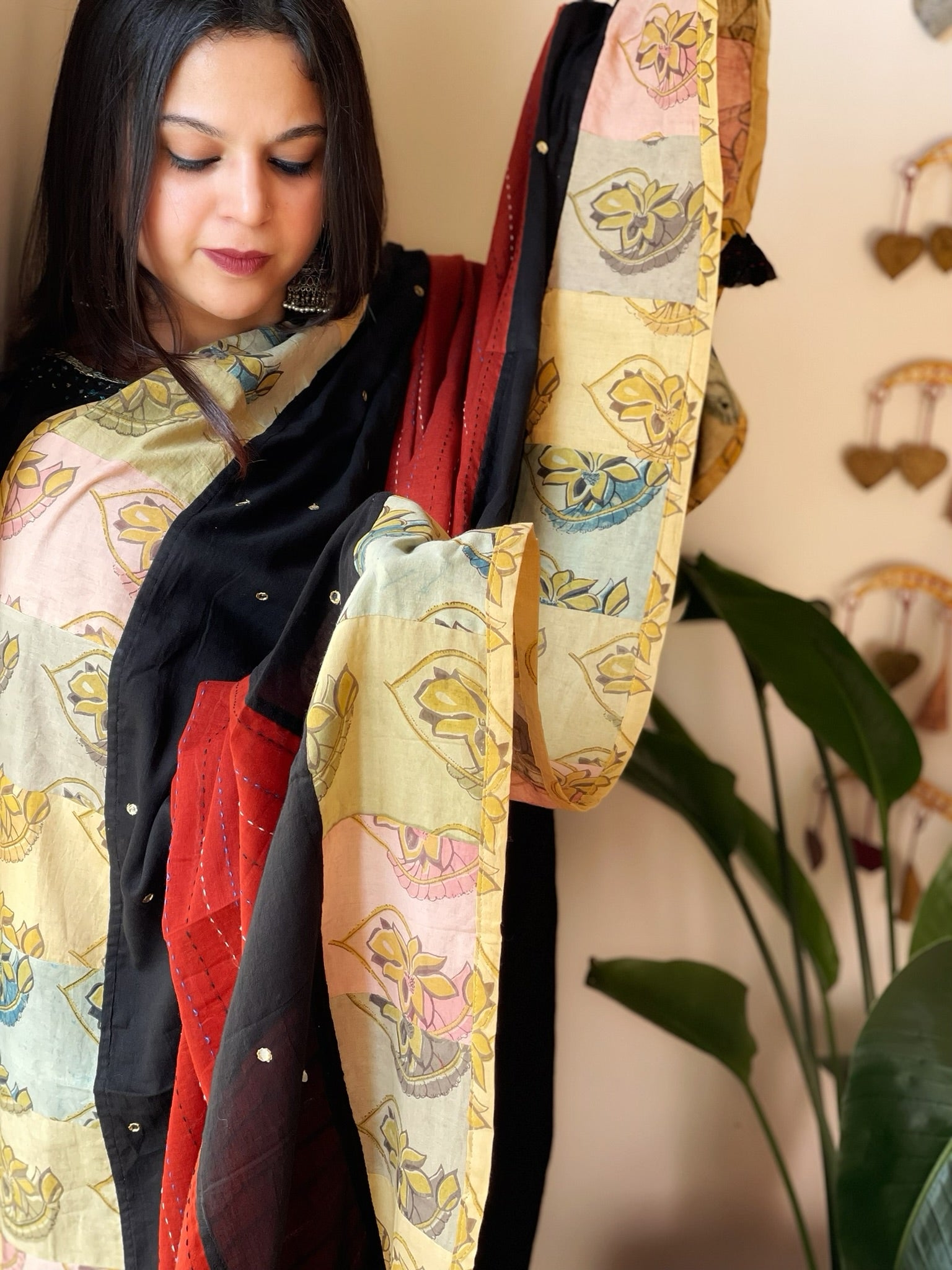 Ajrakh Patchwork Cotton Dupatta with Kantha Stitch & Mirror Work - Masakalee