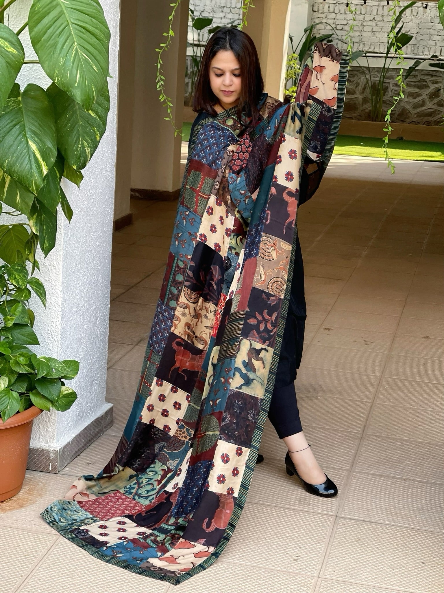 Ajrakh Patchwork Dupatta in Modal Silk - Masakalee