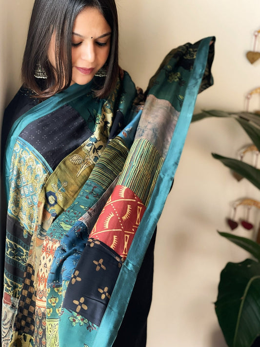 Ajrakh Patchwork Dupatta in Silk - Masakalee