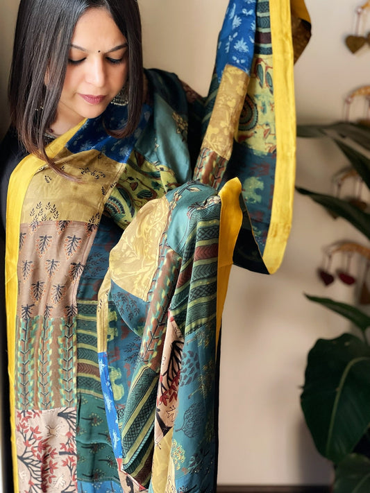 Ajrakh Patchwork Dupatta in Silk - Masakalee