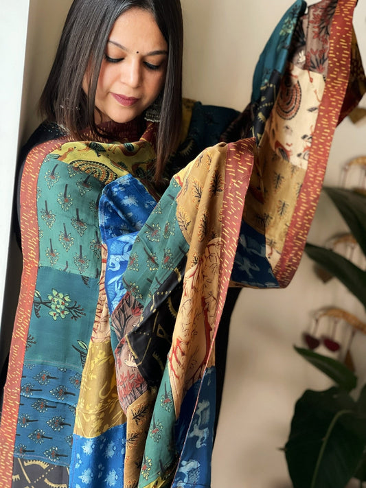 Ajrakh Patchwork Dupatta in Silk - Masakalee