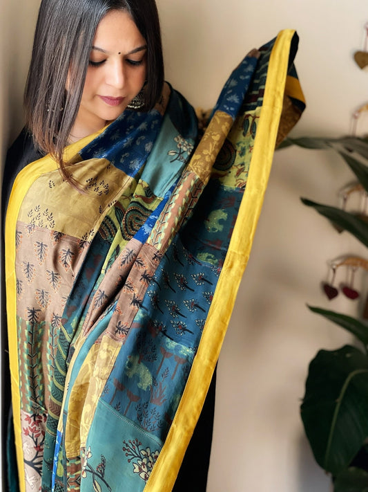 Ajrakh Patchwork Dupatta in Silk - Masakalee