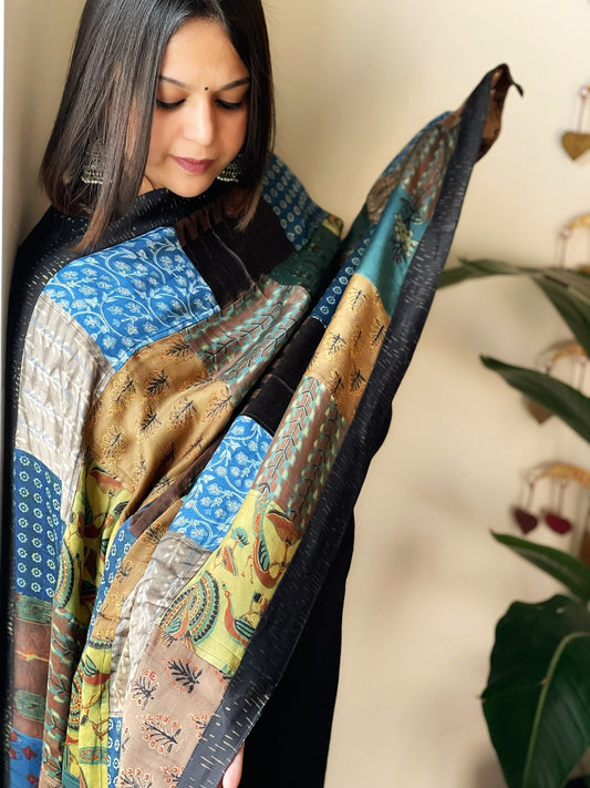 Ajrakh Patchwork Dupatta in Silk - Masakalee