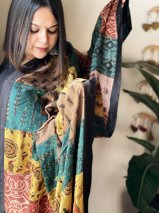 Ajrakh Patchwork Dupatta in Silk - Masakalee