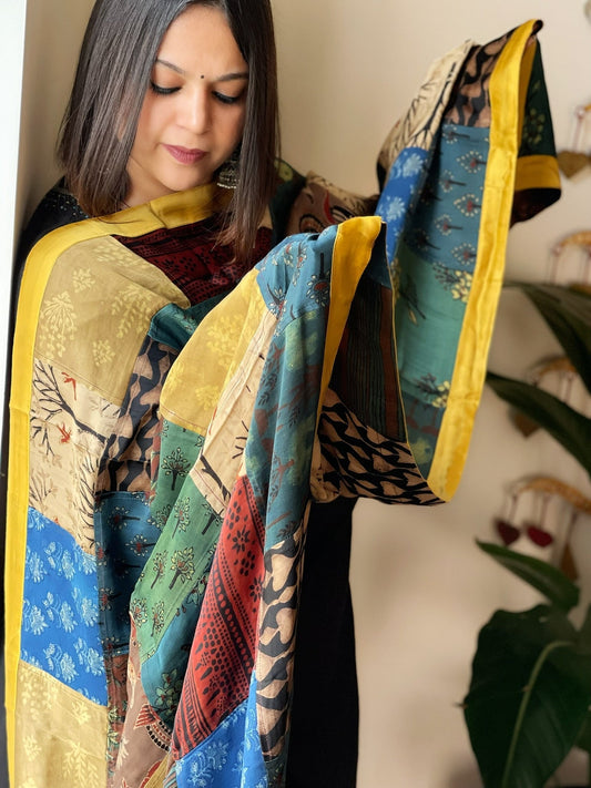 Ajrakh Patchwork Dupatta in Silk - Masakalee