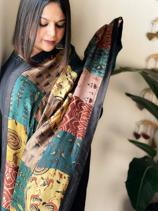 Ajrakh Patchwork Dupatta in Silk - Masakalee