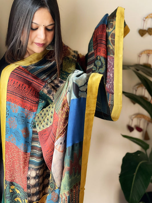 Ajrakh Patchwork Dupatta in Silk - Masakalee