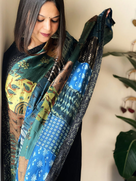 Ajrakh Patchwork Dupatta in Silk - Masakalee