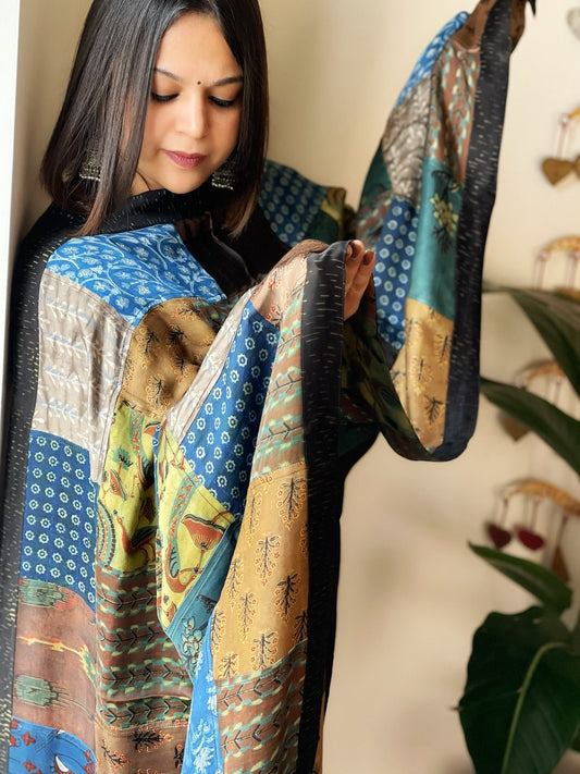 Ajrakh Patchwork Dupatta in Silk - Masakalee