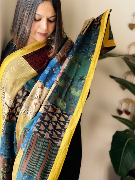 Ajrakh Patchwork Dupatta in Silk - Masakalee