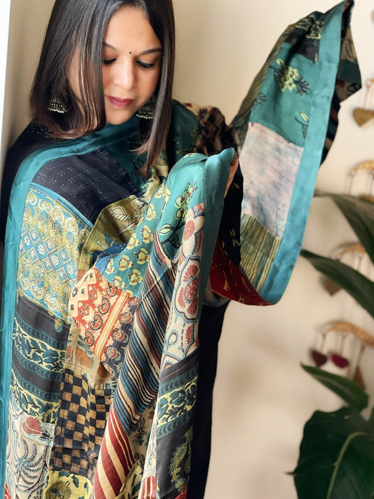 Ajrakh Patchwork Dupatta in Silk - Masakalee