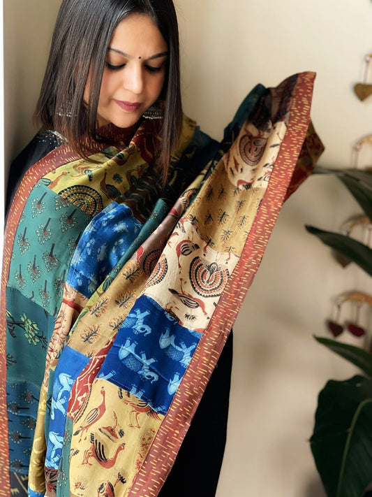 Ajrakh Patchwork Dupatta in Silk - Masakalee