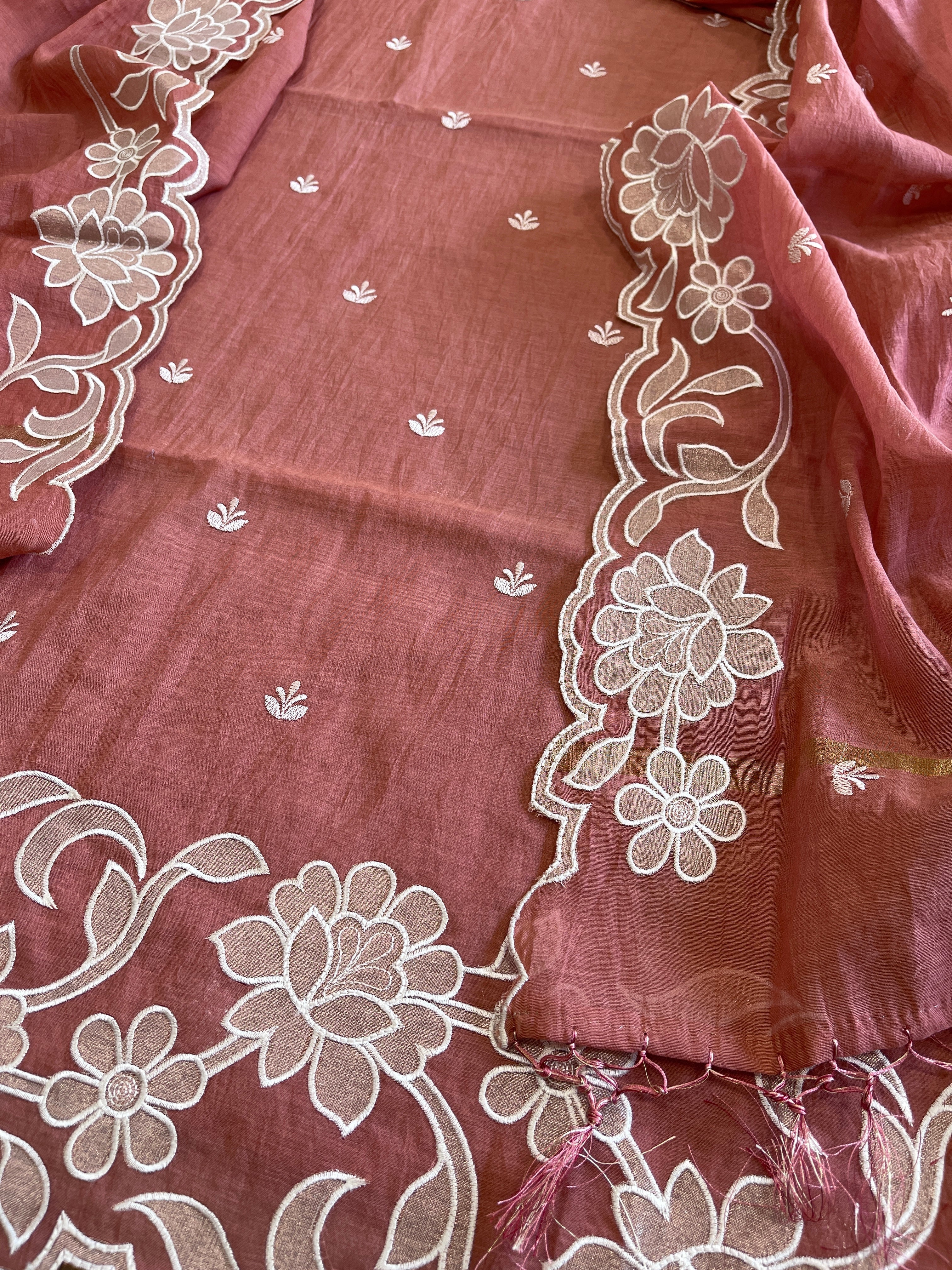 Antique Rose Applique Suit Set in Mul Chanderi - Masakalee