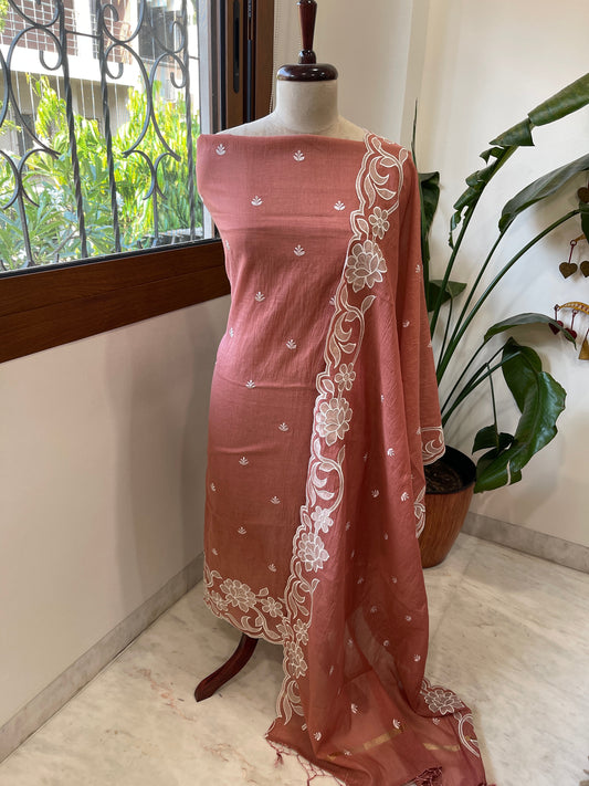 Antique Rose Applique Suit Set in Mul Chanderi - Masakalee