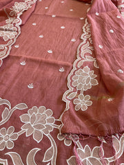 Antique Rose Applique Suit Set in Mul Chanderi - Masakalee