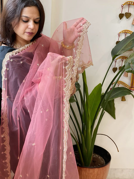 Antique Rose Net Dupatta with Pearl, Sequin and Cut Daana Embroidery - Masakalee