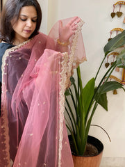Antique Rose Net Dupatta with Pearl, Sequin and Cut Daana Embroidery - Masakalee