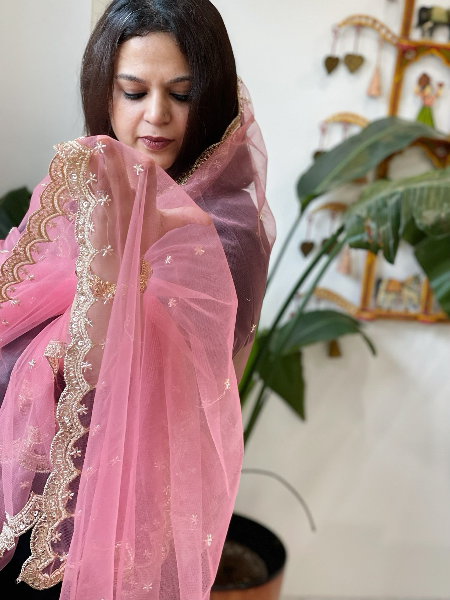 Antique Rose Net Dupatta with Pearl, Sequin and Cut Daana Embroidery - Masakalee