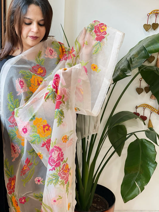 Antique Rose Organza Dupatta with cross - stitch embroidery - Masakalee