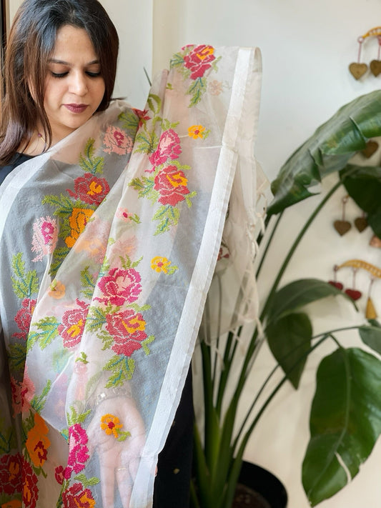 Antique Rose Organza Dupatta with cross - stitch embroidery - Masakalee