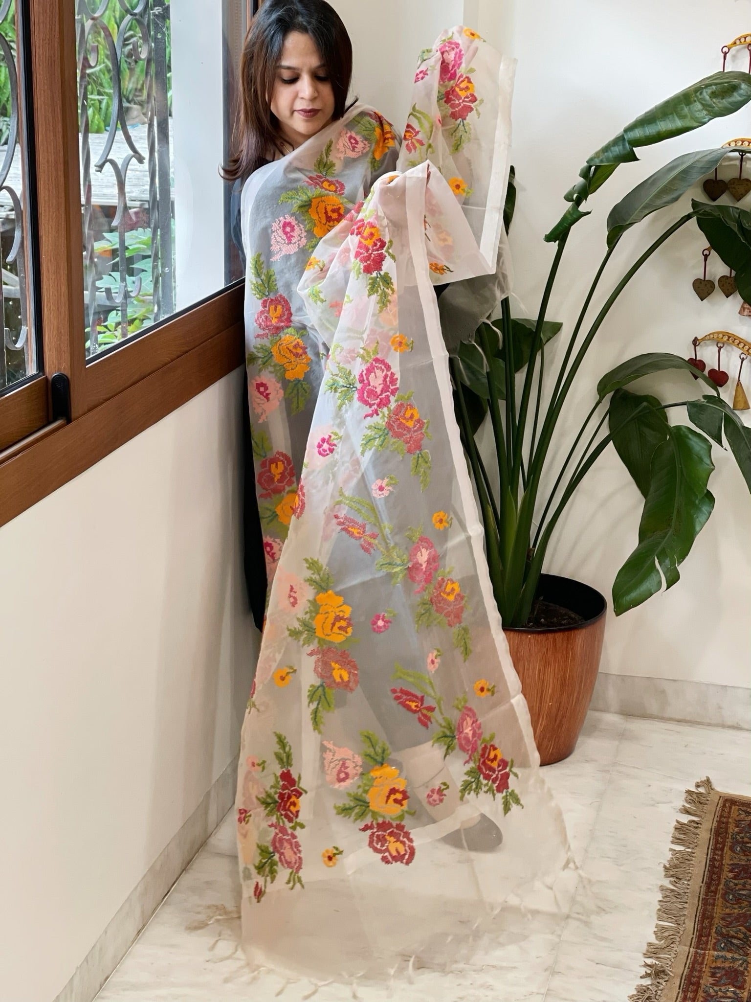 Antique Rose Organza Dupatta with cross - stitch embroidery - Masakalee