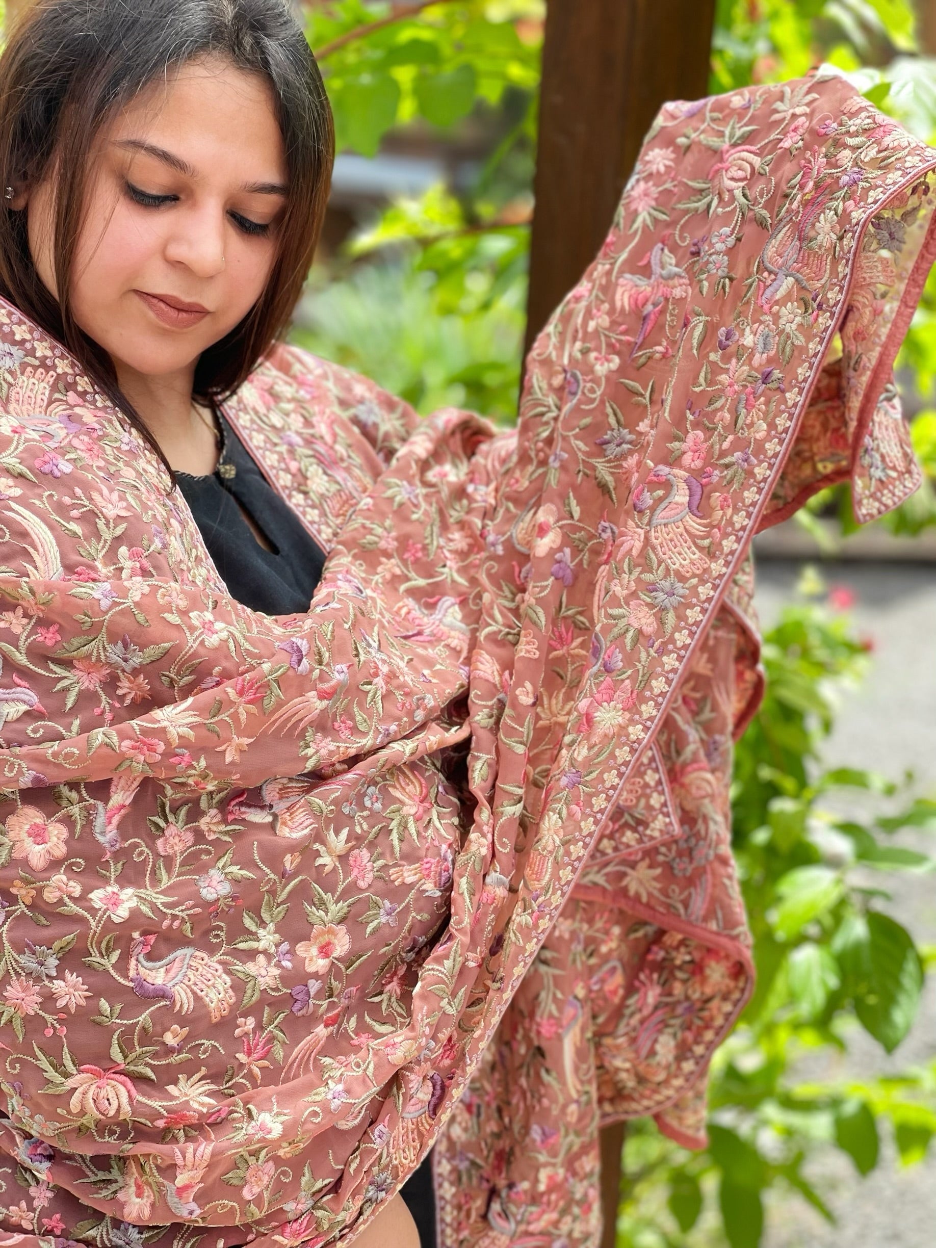 Antique Rose Parsi Gara Embroidery Dupatta in Georgette - Masakalee