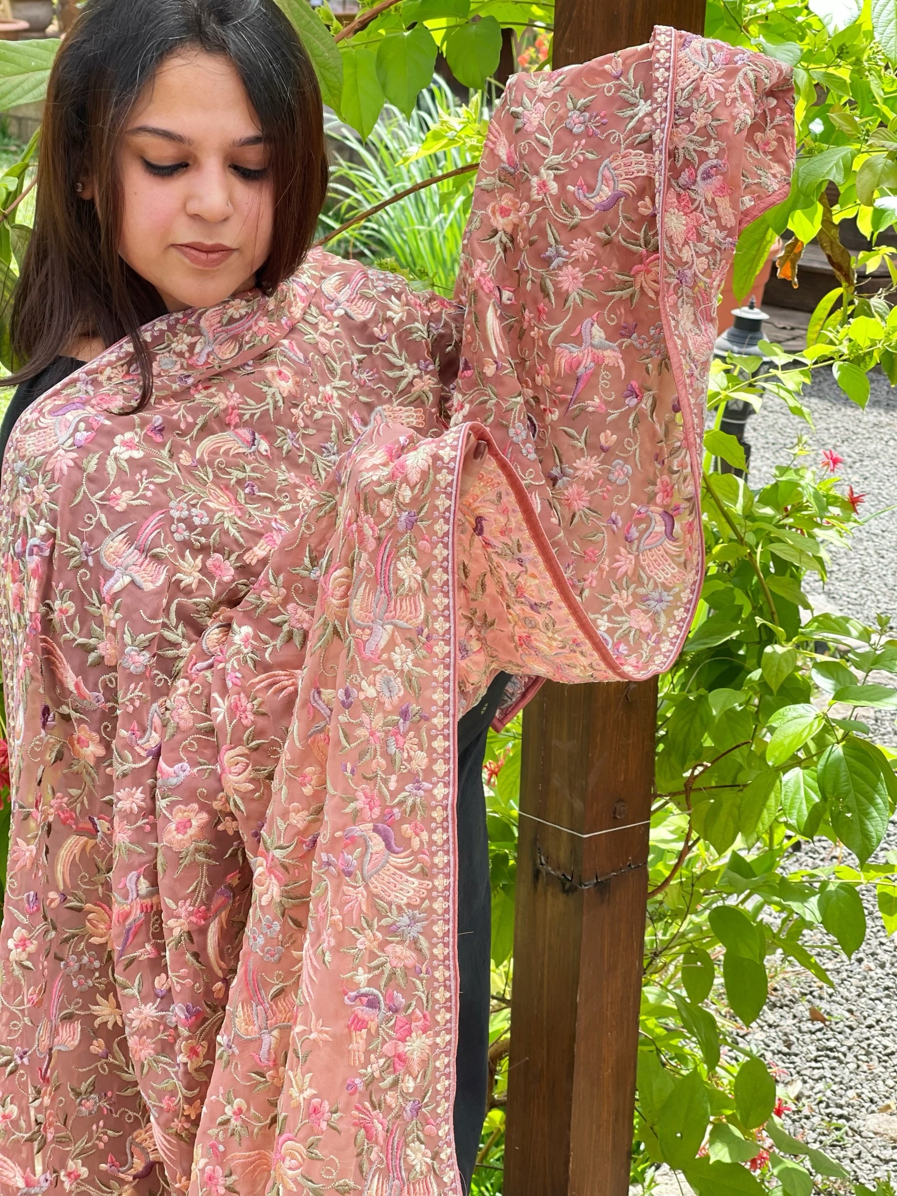 Antique Rose Parsi Gara Embroidery Dupatta in Georgette - Masakalee