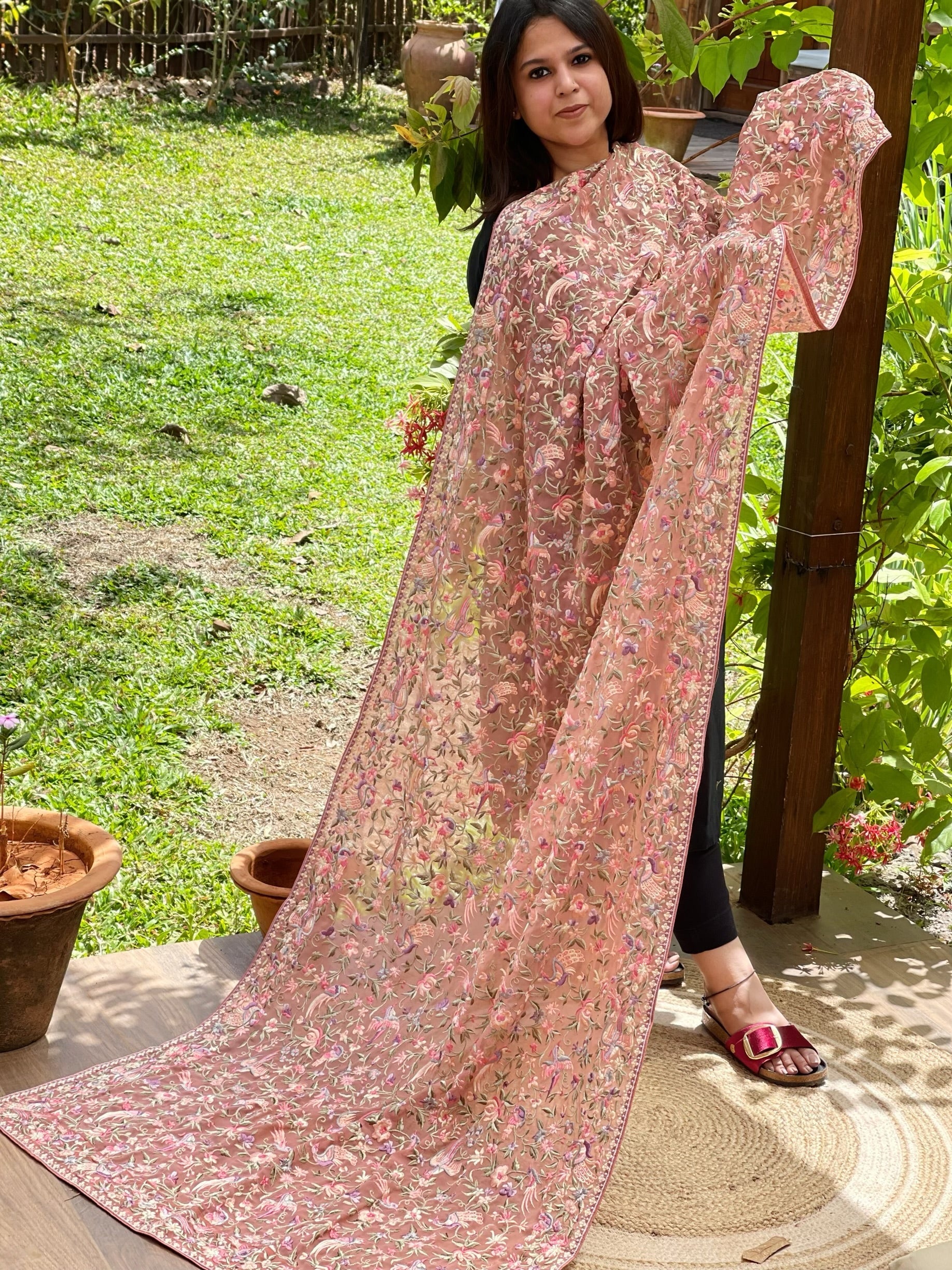 Antique Rose Parsi Gara Embroidery Dupatta in Georgette - Masakalee