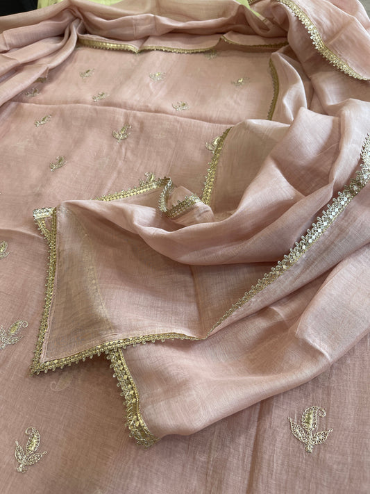 Antique Rose Suit Set with Gold Thread & Sequin Work in Pure Mul - Masakalee