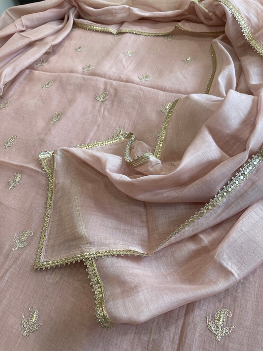 Antique Rose Suit Set with Gold Thread & Sequin Work in Pure Mul - Masakalee