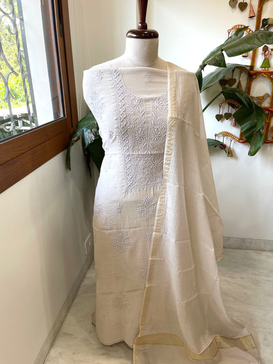 Antique Rose Suit Set with Lucknowi Handwork in Pure Mul Chanderi - Masakalee