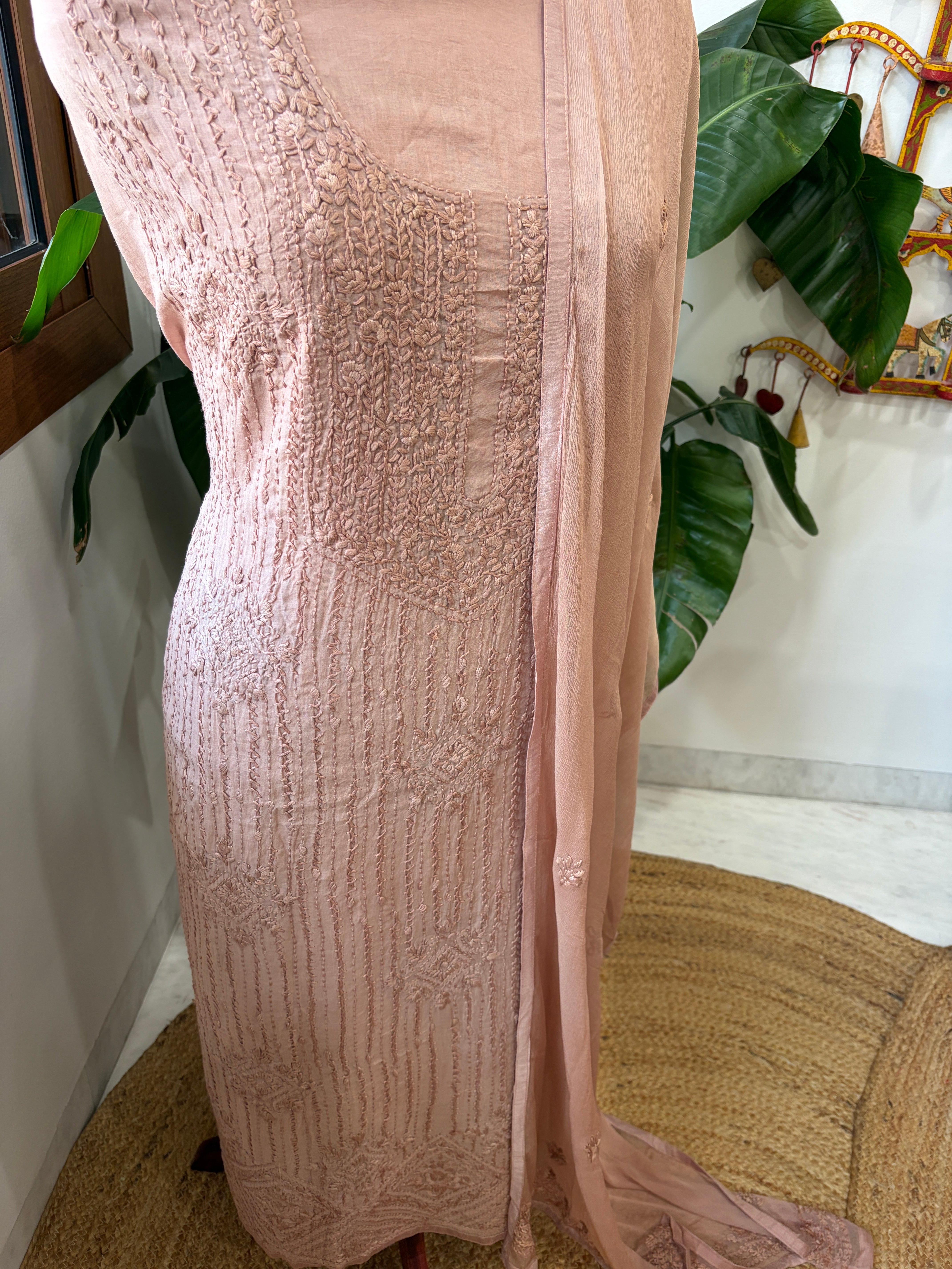 Antique Rose Suit Set with Lucknowi Handwork in Pure Mul Cotton - Masakalee