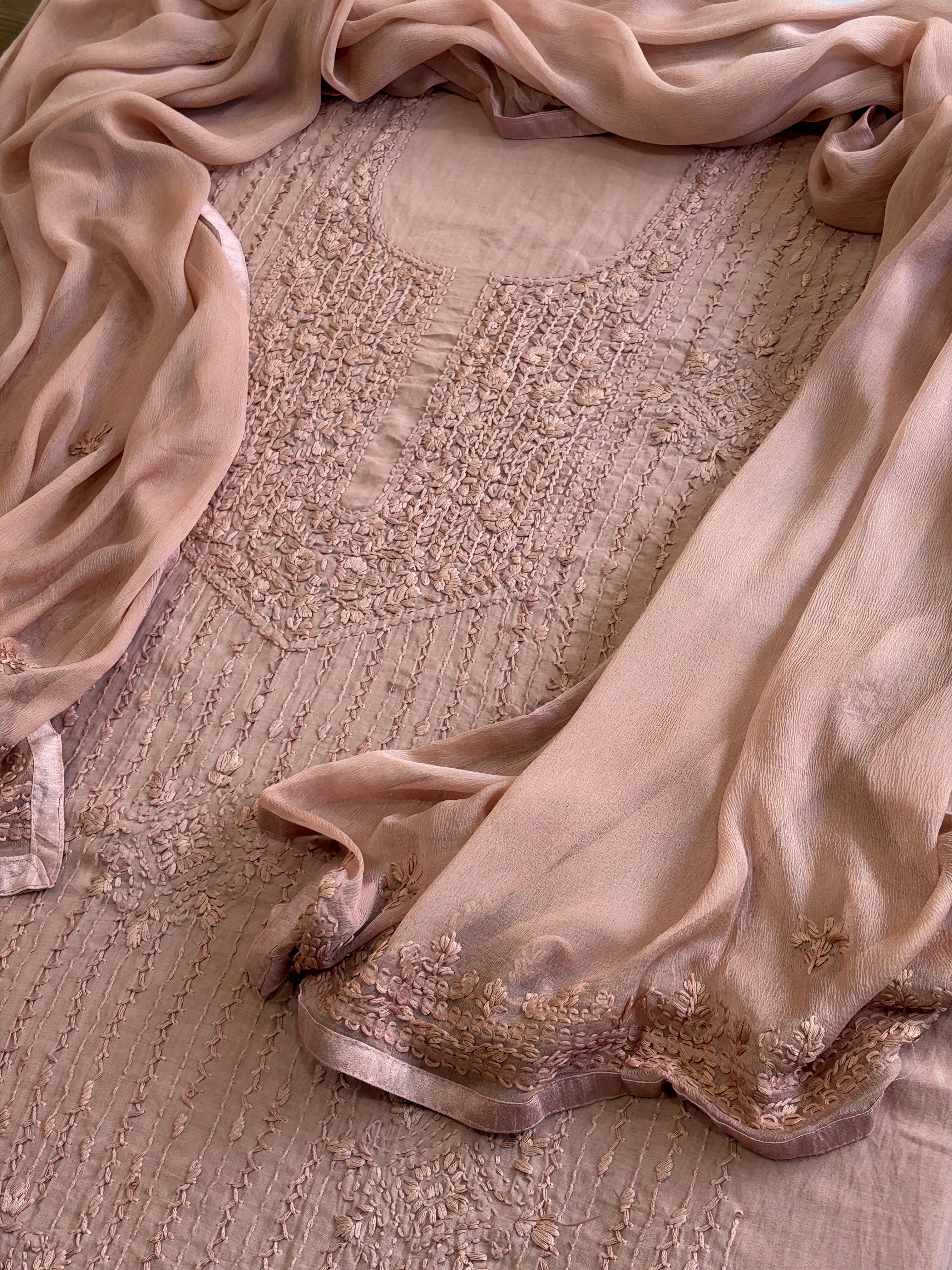 Antique Rose Suit Set with Lucknowi Handwork in Pure Mul Cotton - Masakalee